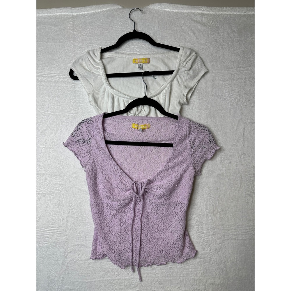 Urban Outfitters Lot of 2 Tops White Ribbed & Lavender Lace Tie Front Small